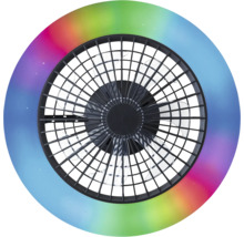 Ronde kunststof plafondventilator met gekleurde lichtring, transparante bladen en zwart beschermrooster.