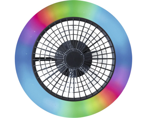 Ronde kunststof plafondventilator met gekleurde lichtring, transparante bladen en zwart beschermrooster.