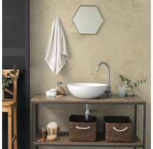Moderne badkamer met witte opzetwastafel op houten meubel, hoge kraan, zeshoekige spiegel en opbergmanden.