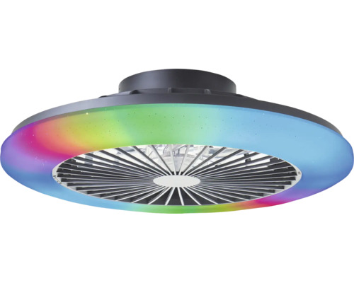 Moderne plafondventilator met geïntegreerde led-lichtring in regenboogkleuren en centraal rooster voor de ventilatorbladen.