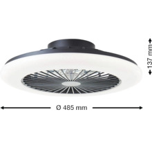 Zwarte plafondventilator met witte LED-verlichting, diameter 485 millimeter, hoogte 137 millimeter.