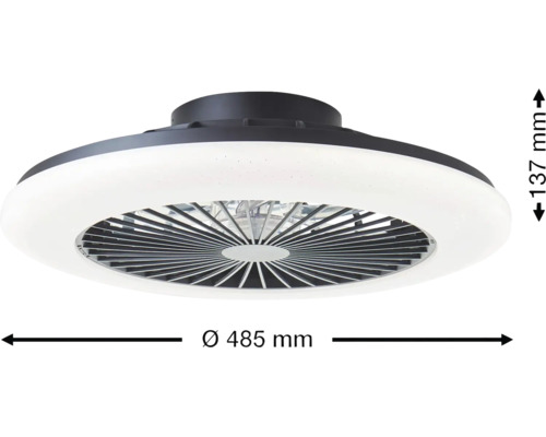 Zwarte plafondventilator met witte LED-verlichting, diameter 485 millimeter, hoogte 137 millimeter.