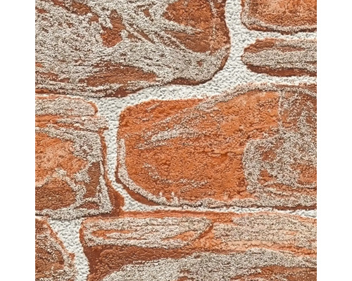 Behang met natuursteenlook in terracotta en wit met gestructureerd oppervlak.