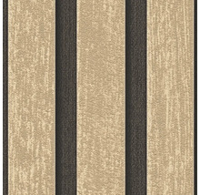 Gestructureerd behang met verticaal streeppatroon in beige en donkerbruin.