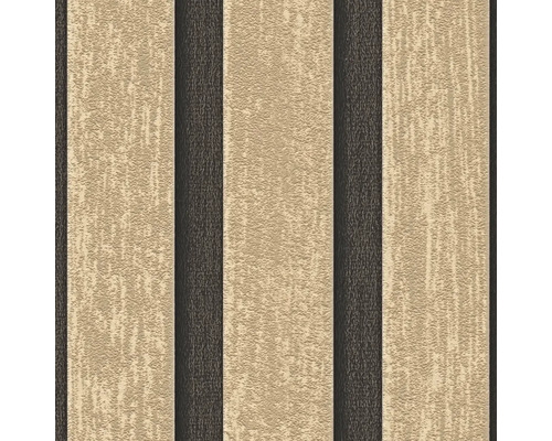 Gestructureerd behang met verticaal streeppatroon in beige en donkerbruin.