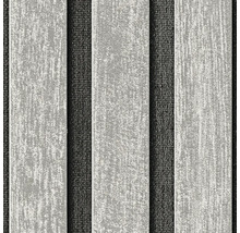 Gestructureerd vliesbehang met verticaal strepenpatroon in grijs en zwart.