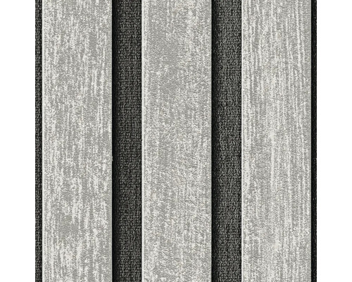 Gestructureerd vliesbehang met verticaal strepenpatroon in grijs en zwart.
