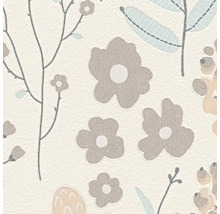 Vliesbehang met floraal patroon van gestileerde bloemen, bladeren en takken op een gestructureerd oppervlak.