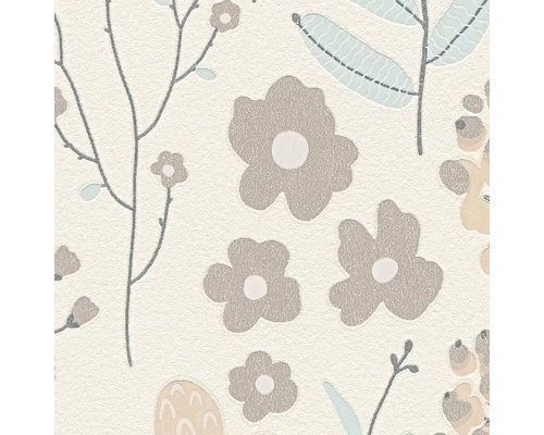 Vliesbehang met floraal patroon van gestileerde bloemen, bladeren en takken op een gestructureerd oppervlak.