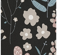 Vliesbehang met modern bloemenpatroon, gestileerde bloemen en takken op een gestructureerde achtergrond.