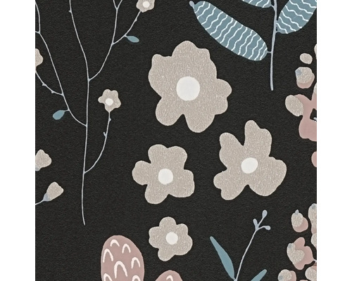 Vliesbehang met modern bloemenpatroon, gestileerde bloemen en takken op een gestructureerde achtergrond.