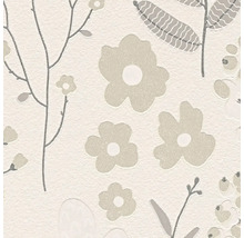 Vliesbehang met floraal patroon van gestileerde bloemen, bladeren en takken in neutrale tinten.