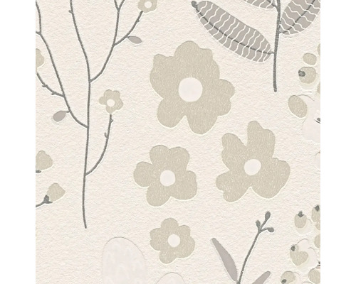 Vliesbehang met floraal patroon van gestileerde bloemen, bladeren en takken in neutrale tinten.