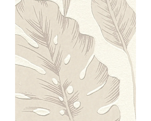 Vliesbehang met tropisch bladmotief van monstera- en bananenbladeren.