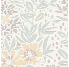 Gestructureerd behang met bloemenpatroon van pastelkleurige bloemen en bladeren.