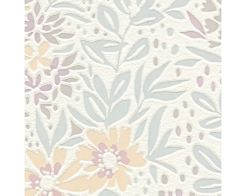 Gestructureerd behang met bloemenpatroon van pastelkleurige bloemen en bladeren.