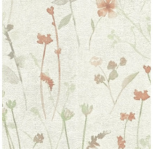 Gestructureerd behang met bloemenpatroon van fijne stelen en bloemen op een oppervlak met horizontale lijnstructuur.
