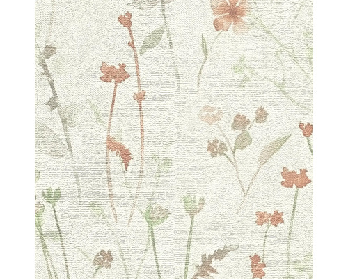 Gestructureerd behang met bloemenpatroon van fijne stelen en bloemen op een oppervlak met horizontale lijnstructuur.