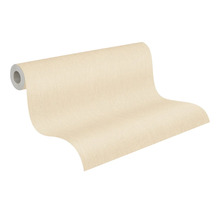 Een rol beige vliesbehang met een gestructureerd linnenpatroon.