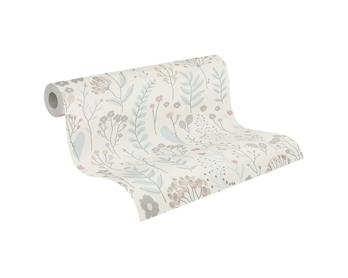 Vliesbehang met floraal patroon van bladeren en bloemen