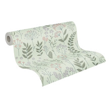 Vliesbehang met bloemenpatroon bestaande uit takken, bladeren en bloemen.