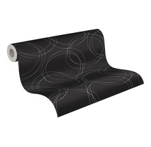 Vliesbehang zwart met grafisch patroon van overlappende witte cirkels.