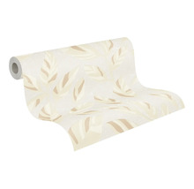 Vliesbehang in beige met groot bladmotief, gestructureerd oppervlak, decoratief wandbehang.
