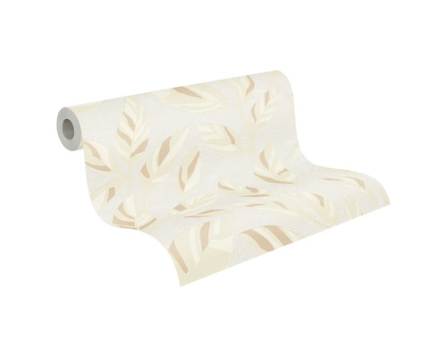 Vliesbehang in beige met groot bladmotief, gestructureerd oppervlak, decoratief wandbehang.