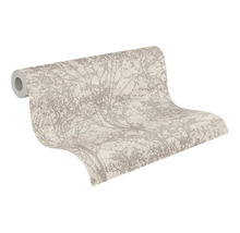 Vliesbehang met abstract boommotief in natuurlijke kleuren, licht afgerold.