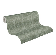 Vliesbehang met groen natuurmotief en wit takkenpatroon.