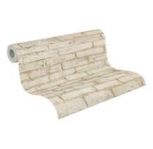 Vliesbehang met baksteenlook, licht metselwerkpatroon, rustieke uitstraling.