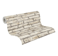 Vliesbehang in steenlook met baksteenmotief in beige en grijs.