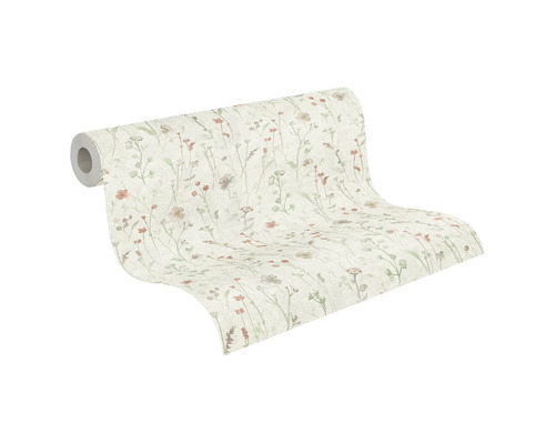 Vliesbehang met verfijnd patroon van wilde bloemen, afgebeeld als een rol.