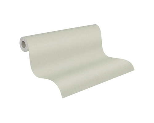 Behang met subtiele linnenstructuur, lichtbeige, gedeeltelijk afgerold.