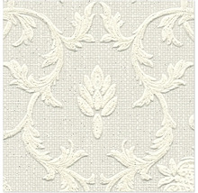 Vliesbehang met gestructureerd barokpatroon en florale ornamenten op een geweven achtergrond.