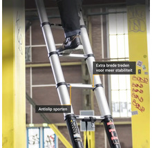 Aluminium telescopische ladder met antislip sporten en extra brede treden voor meer stabiliteit tijdens het gebruik.
