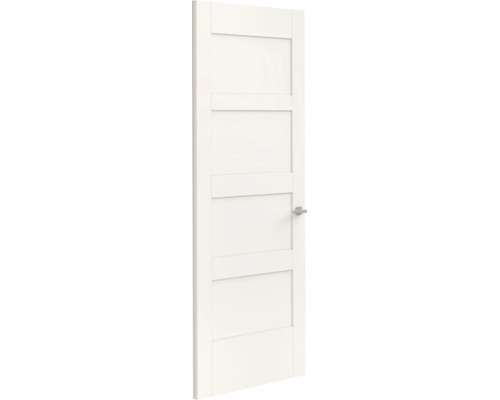 Witte binnendeur met horizontale panelen en zilverkleurige klink.