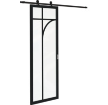 Glazen schuifdeur met zwart metalen frame en roeden, industrieel design met boog, inclusief schuifdeursysteem.