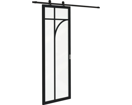 Glazen schuifdeur met zwart metalen frame en roeden, industrieel design met boog, inclusief schuifdeursysteem.