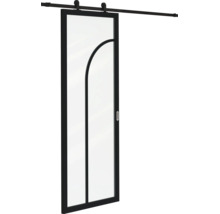 Schuifdeur van glas met zwart metalen frame en boogpatroon, inclusief zwart railsysteem en komgreep.