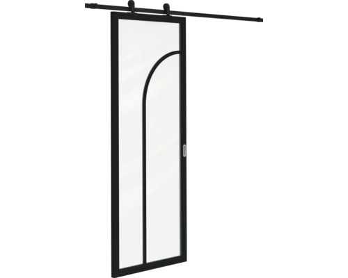 Schuifdeur van glas met zwart metalen frame en boogpatroon, inclusief zwart railsysteem en komgreep.