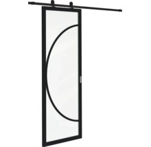 Glazen schuifdeur met zwart frame, halfrond motief en bovenliggende rail.