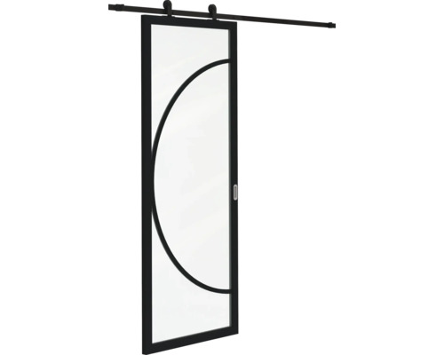 Glazen schuifdeur met zwart frame, halfrond motief en bovenliggende rail.