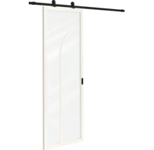 Glazen schuifdeur met wit frame, gebogen lijnpatroon en zwart ophangsysteem.
