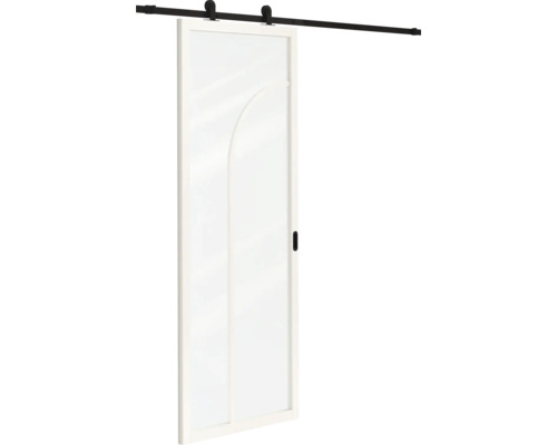 Glazen schuifdeur met wit frame, gebogen lijnpatroon en zwart ophangsysteem.