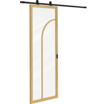 Schuifdeur met houten kozijn, glasplaat met gebogen houten ontwerp en schuifdeurbeslag.