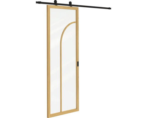 Schuifdeur met houten kozijn, glasplaat met gebogen houten ontwerp en schuifdeurbeslag.