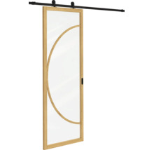 Schuifdeur met houten frame in eikenlook, grote glasinzet, decoratieve houten boog en zwart railsysteem.