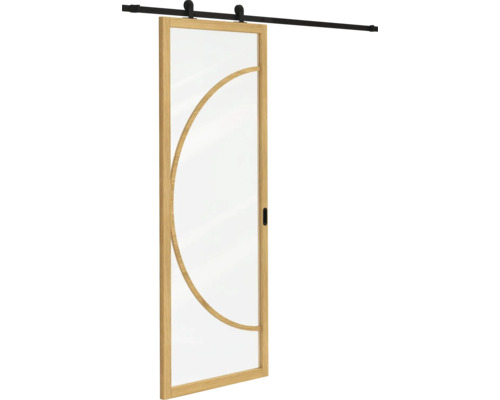 Schuifdeur met houten frame in eikenlook, grote glasinzet, decoratieve houten boog en zwart railsysteem.