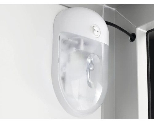 Ovalen wandlamp van kunststof met geïntegreerde wipschakelaar en kabelaansluiting, geschikt voor wandmontage.